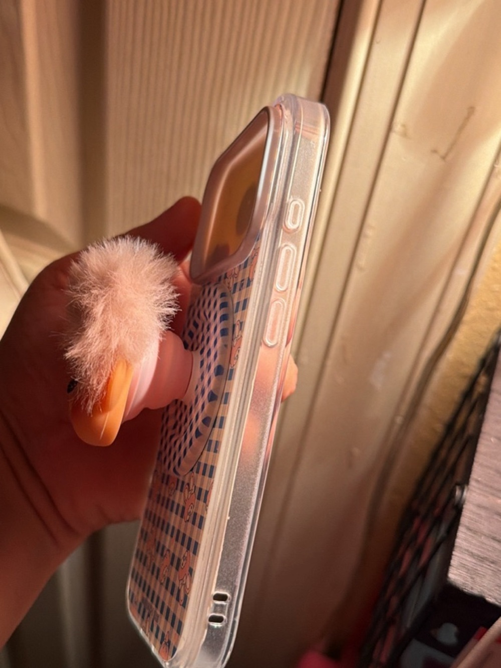 PopSocket Pink Fuzzy Pom Phone Grip with Clear Case